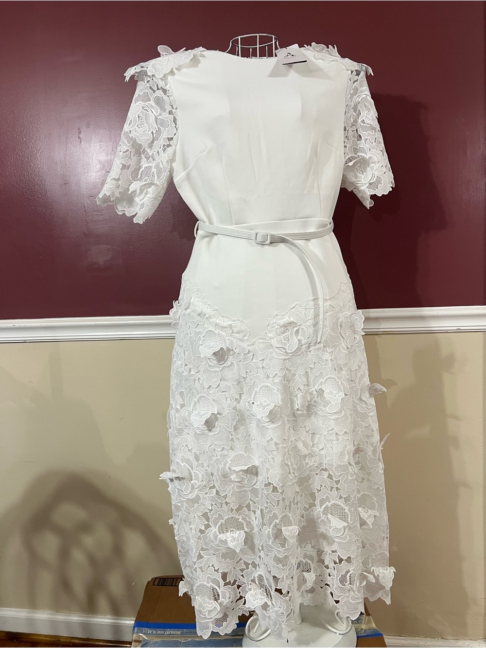 Women's White Lace Midi Dress with Belted Waist